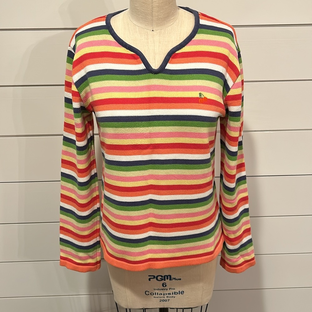 Adorable multicolored sweater with embroidered cherry accent 🍒